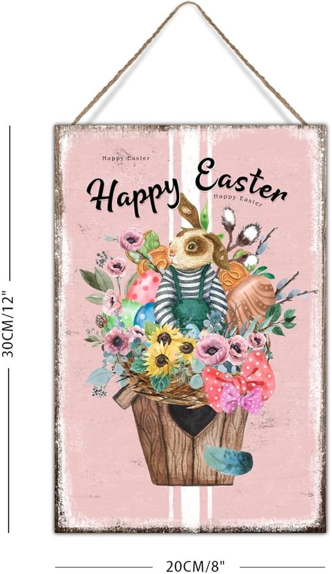 Wooden Sign Plaque Happy Easter Flower Basket Bunny Sign French Style Floral Pink Stripes Wood Art Plaques Hello Spring Happy Easter Day Wood Plaque for Bedroom 8x12in