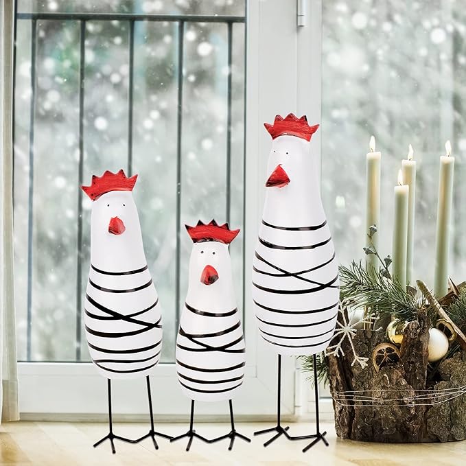 Berry President Cute Wood Wooden Chicken Chook Carving Figurines for Home Decor, Rooster Kitchen Decor, Living Room Decorations,Pack of 3 Pcs (White)