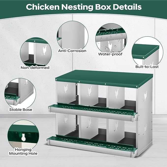 Nesting Boxes for Chickens, 6 Compartments, Nesting Boxes with 4 Dummy Eggs and 10 Dampproof Pets Mats, Green, Stainless Steel, Wall-Mountable & Roll Away Design