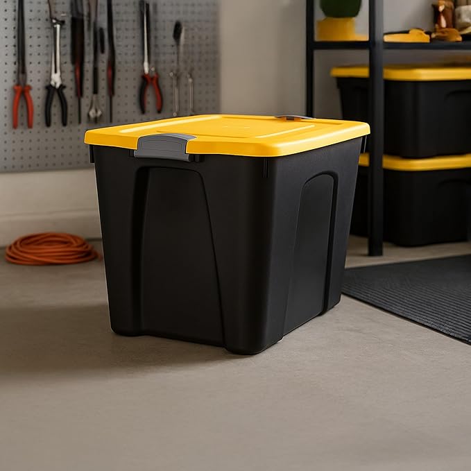 Homz 22-Gallon Durabilt Plastic Stackable Home Office Garage Storage Organization Container Bin w/Latching Lid and Handles, Black/Yellow (4 Pack)