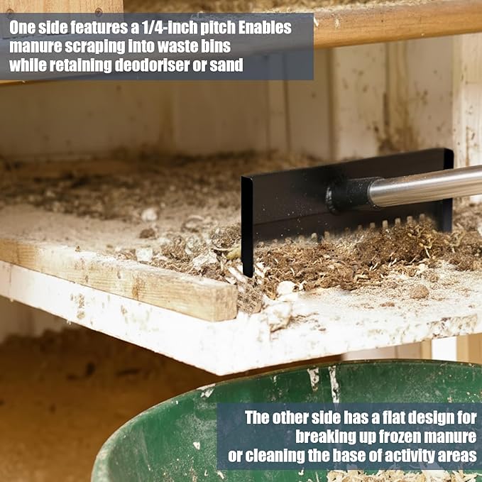 Chicken Coop Droppings Board Scraper Tool with Hand Scraper 68.5" Long Handle Chicken Coop Poop Scoop with Telescopic Pole, Dual-Sided Iron Rake & Flat Scraper, Essential Poultry Accessories