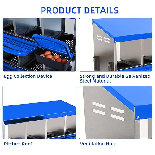 Chicken Nesting Boxes, 8 Hole Metal Chicken Laying Box with with Removable Trays and Roll Out Egg Collection for Chicken Coop, Blue