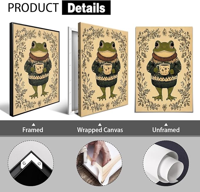 Frog Canvas Wall Art, Green Frog Sweater Dressed Enjoying Tea Poster, Rustic Nursery Animal Painting, Cozy Folk Art Print, Farmhouse Botanical Floral Painting for Kids Room 24x36in Wrapped Canvas