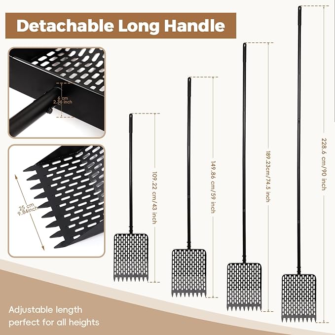 Large Chicken Poop Scooper & Rake 2-in-1, Heavy Duty Metal Pooper Scooper with 43" to 90" Adjustable Stainless Steel Handle, Sand Sifting Shovel for Chicken Coops & Farm Animals Little Scoop