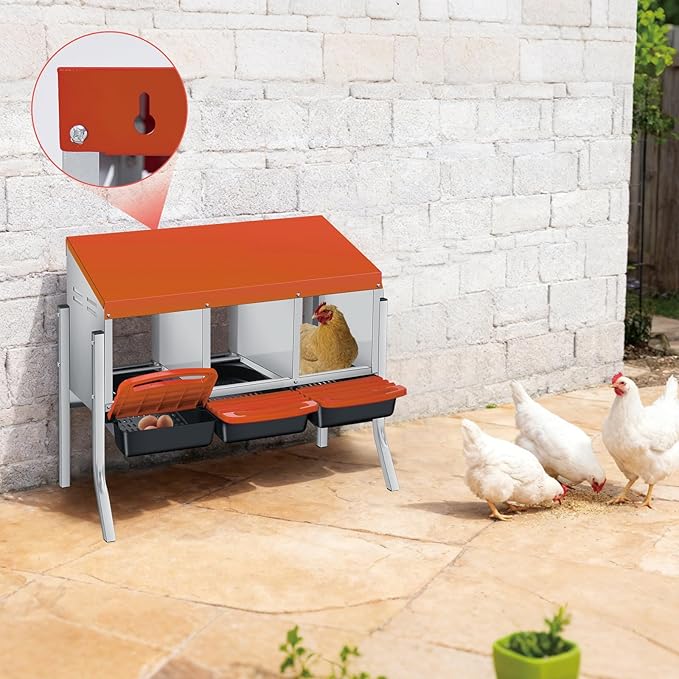 Nesting Boxes for Chickens, 3 Holes Chicken Nesting Box with Removable Tray, Easy Egg Collection, Roll Away Nesting Box for Hens, Chicken Coop, with Legs, Orange