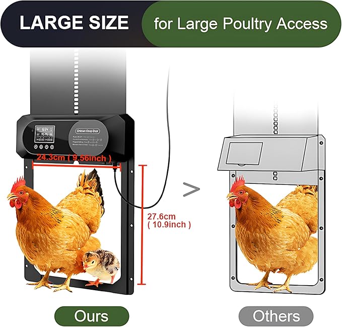 Large Size Automatic Chicken Coop Door Solar Powered,15.9"H x 12"L x 2.28"W,Aluminum Alloy Chicken Door with LCD Display,Timer & Light Sensor,4 Control Modes,Anti-Pinch Coop Door with Remote Control