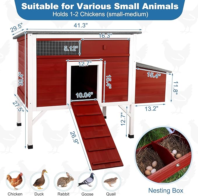 Outdoor Chicken Coop Weatherproof Wooden Hen House Small Animal Pet Hutch with Asphalt Roof Elevated Legs Removable PVC Layer Above Nest Box Pull-Out Tray