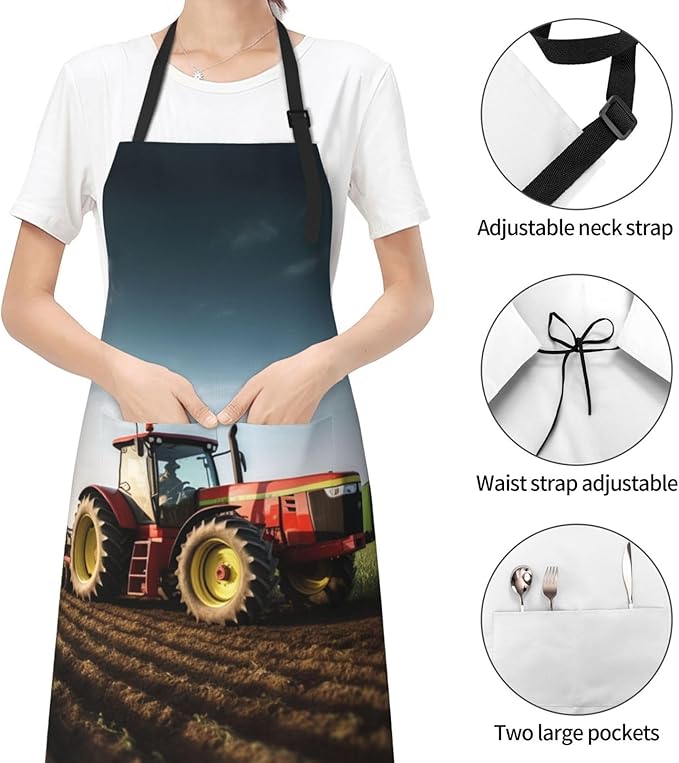 Tractor farm Cooking Aprons for Women Men Waterproof Bib Apron with Pockets Adjustable Kitchen Chef Apron