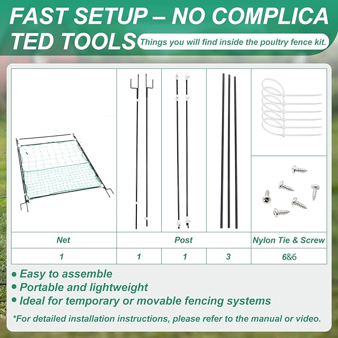 Leinuosen Electric Poultry Netting Gate, 50" H x 37" L Electric Chicken Fence Gate, Portable Poultry Nets Fence Kit for Chickens, Ducks, Turkeys, Sheep, Geese in Yard, Farms, Backyards, Garden
