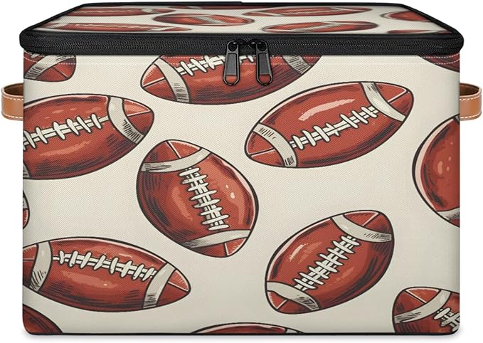 Storage Cubes with Lid Fabric Storage Bins Boxes PU Leather Handles, Rugby Football Closet Organizer Container Foldable Washable Shelf Cloth Basket, Rugby Balls Sport