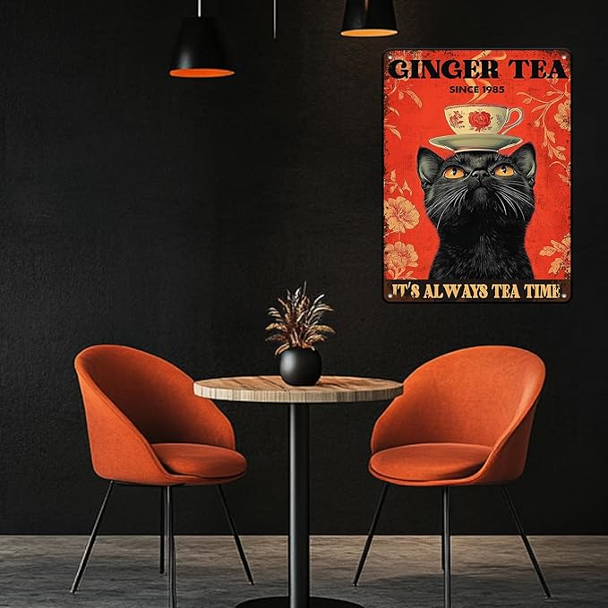 Funny Black Cat Tin Sign Ginger Tea It'S Always Tea Time Metal Sign Wall Decor For Home Cafe Bar Kitchen Poster 12x16 Inch