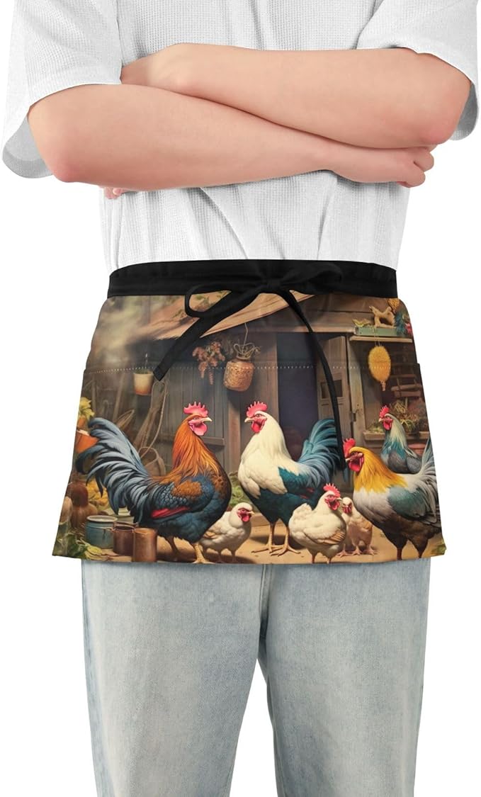 Waist Apron with 3 Pockets, Server Apron for Women and Men, Half Aprons for Waitresses & Gardening, Waterproof and Stain Resistant (Farm Chicken House)
