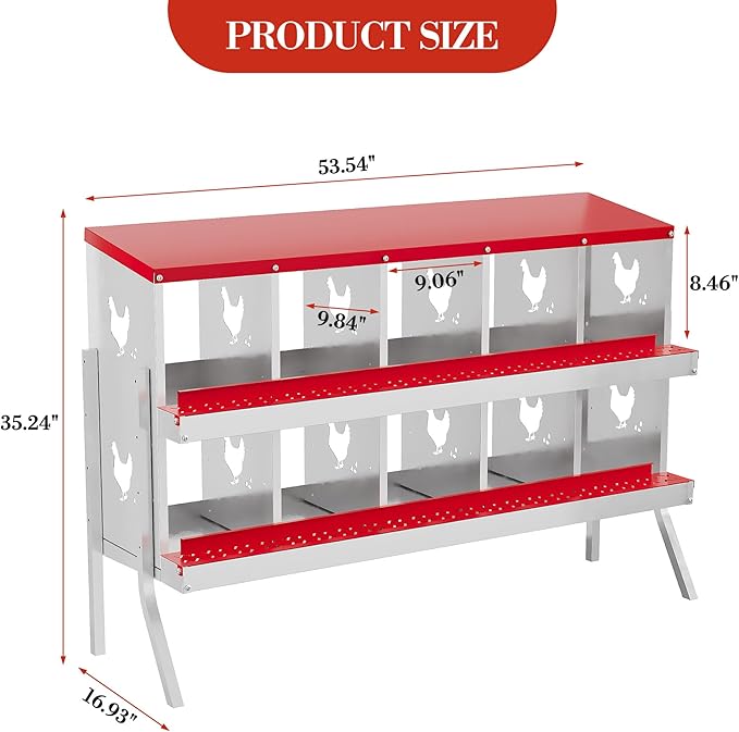 Heavy-Duty 10-Compartment Chicken Nesting Boxes with Roll Away Feature - Easy Clean Pull-Out Trays, Built-in Perch | Wall Mount/Free Standing Hen Laying Nests - Premium Poultry Egg Collection Solution