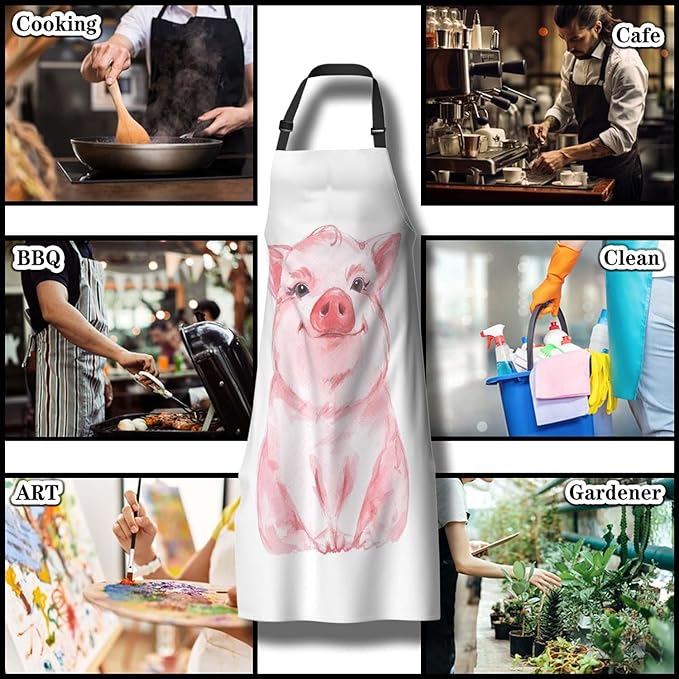 Cook Apron Women Lovely Pink Pig Watercolor Cooking Aprons for Men for Kitchen Cooking Restaurant BBQ Painting Crafting Gardening 27” (W) x 31” (H), Waterproof Aprons