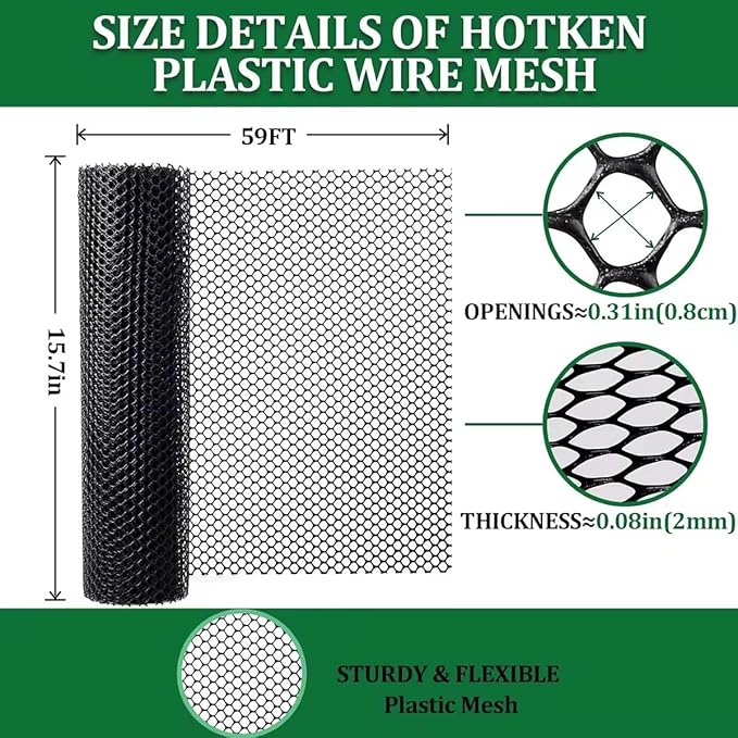 Plastic Wire Fence Mesh Roll, Sturdy Plastic Chicken Wire Mesh, Versatile Animal Fencing Barrier, Garden Netting Solution to Pet, Poultry, Cats, Crafts and Gardening (Black, 15.75INx59FT)