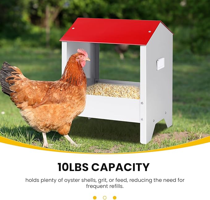 Metal Chicken Feeder with Weatherproof Lid Chicken Oyster Shell and Grit Feeder 10Lbs Poultry Feeding Trough for Hens, Ducks, Geese, Coop Accessories Supplies