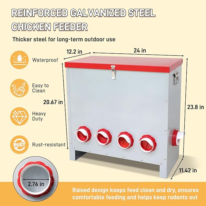 Large 85LB Automatic Chicken Feeder No Waste, Rat Proof Metal Poultry Feeder with 10 Feeding Ports, Rust-Proof Galvanized Steel Auto Chicken Feeder with Locking Lid for Chickens, Geese, Duck & Poultry