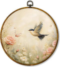 Hiuwevt Rustic Floral Hummingbird Round Wall Art Decor, Vintage Flower Shrubs Bird Hanging Canvas Prints Artwork Framed, Cottagecore Nature Circular Wall Decor for Home Room, 10x10 Inch