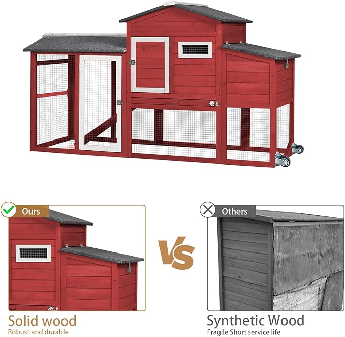 71" Chicken Coop Large Wooden Chicken Tractor - with Wheels Waterproof Outdoor Hen House Poultry Cage Back Yard Chicken Coops with Run, Laying Boxes and Secure Enclosure