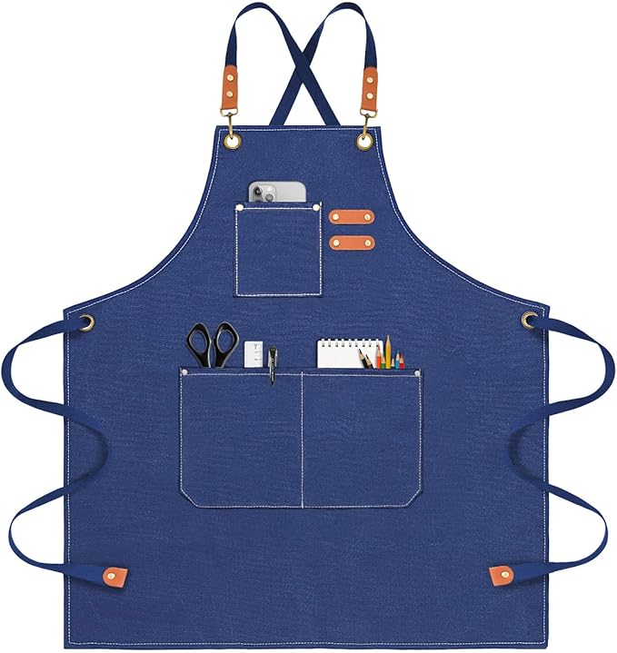 Chef Apron for Men Women Canvas Aprons with 3 Pockets Cross Back Resistant Work Apron for Cooking
