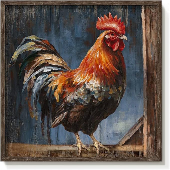 Rooster Framed Wall Art Decor: Farmhouse Animal Picture Country Cock Wooden Artwork Farm Chicken Painting is the Perfect Combination of Energy Nature for the Kitchen Country House Bathroom 20"x20"