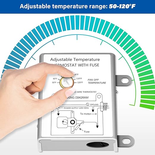 Simple Deluxe 7 Inch Wall Mounted Shutter Exhaust Fan with Temperature Controller and Power Cord Kit, Aluminum, 1600 RPM, 760 CFM, for Attic, Garage, Louvered Vent, Plant, Greenhouse, Silver