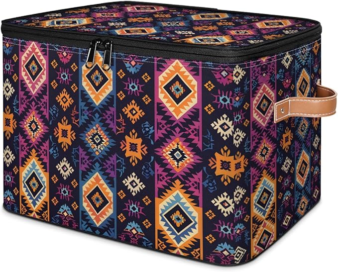 Boho Bohemia Style Storage Bins with Zipper Lid Fabric Storage Containers for Clothes Collapsible Closet Storage Basket with Metal Frame 1 Pack