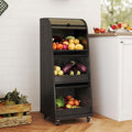 Movable Onion and Potato Storage Bin Box, Black Potato Bins with Wheels and Sliding Door, Farmhouse Fruit and Vegetable Basket Storage, Small Food Kitchen Pantry Cabinet, Wooden Bread Box, Flip-top