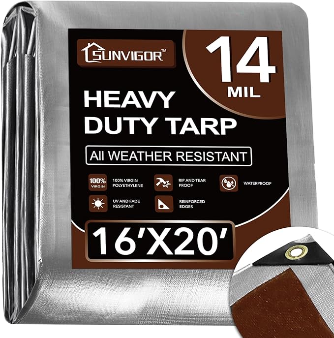 Sunvigor Tarp Waterproof 16x20Ft, Heavy Duty Tarp Cover Extra Thick 14 Mil Tear and UV Resistant, Outdoor Tarps with Grommets and Reinforced Edges for Roof, Camping, Patio, Pool, Boat (Silver/Brown)