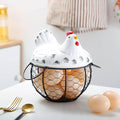 Egg Storage Organizer for Kitchen Countertop, Ceramic Chicken Lid with Wire Basket Dispenser, Black Chicken Egg Holder for Fresh Eggs, Rustics Egg Dispenser Rack for Farmhouse Decor (White)