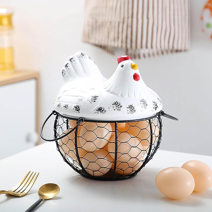 Egg Storage Organizer for Kitchen Countertop, Ceramic Chicken Lid with Wire Basket Dispenser, Black Chicken Egg Holder for Fresh Eggs, Rustics Egg Dispenser Rack for Farmhouse Decor (White)
