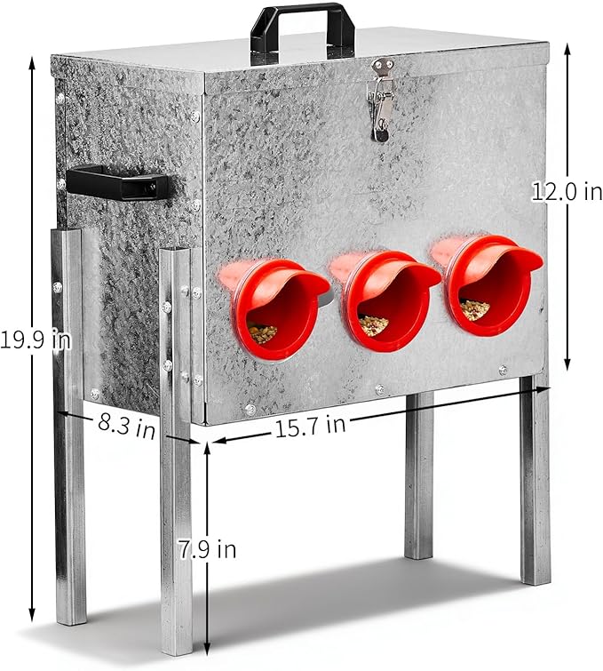 Large Capacity Automatic Poultry Feeder, 6 Ports Feed Up to 20 Hens, Rodent-Proof Galvanized Metal with Lid & Legs, Refill Weekly, Easy Clean, Durable Outdoor Use