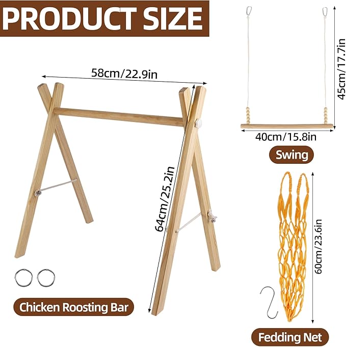 Chicken Perch & Swing Set for Coops, Wooden Roosting Bars with Feeding Net, Easy Assemble Chicken Coop Accessories for Backyard Poultry