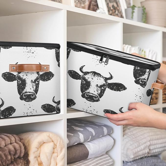 Storage Cubes with Lid Fabric Storage Bins Boxes PU Leather Handles, Farm Cow Closet Organizer Container Foldable Washable Shelf Cloth Basket, Wild Animal Cow