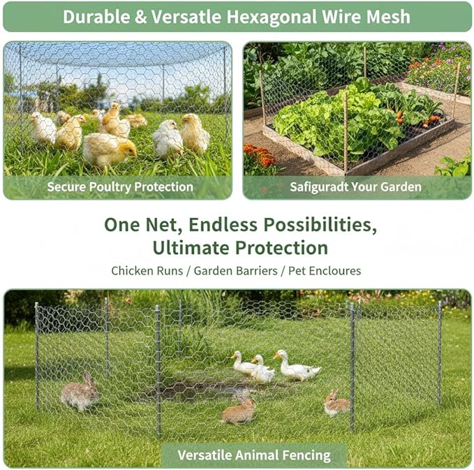 Hexagonal Wire mesh Chicken coop Fence, No. 20 Metal, mesh Size 1.3 inches, hot-dip Galvanized Corrosion-Resistant Steel Wire, Includes Gloves, Wire, and Pliers (Silver, 60inch X 99FT)