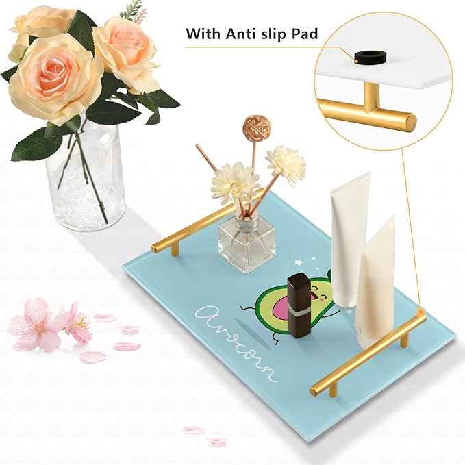 Bathroom Vanity Tray Counter Organizer, Cute Avocado Blue Decorative Tray with Handles Countertop Storage for Bathroom Bedroom Kitchen Home Farmhouse