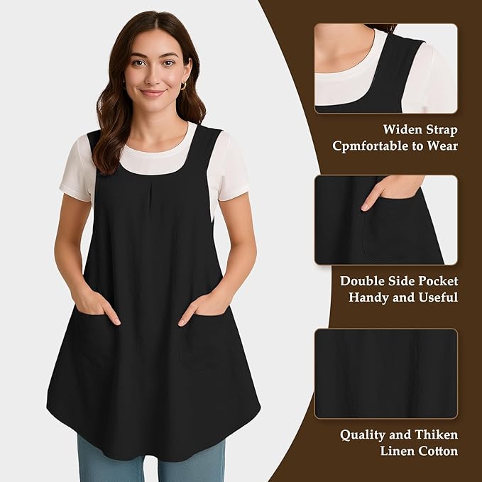 Apron for Women with Pocket Cotton Linen, Japanese Cross Back Apron for Gardening Painting