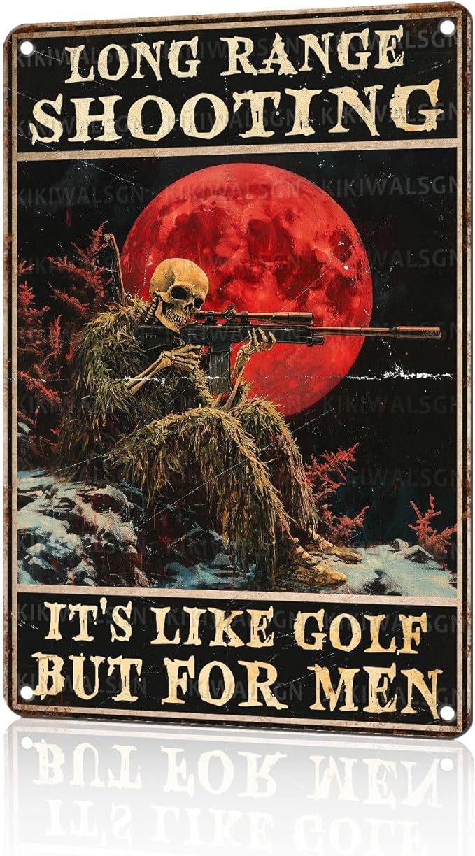 Vintage Skeleton Tin Sign Long Range Shooting Retro Metal Poster It's Like Golf But For Men Funny Gun Wall Art Cafe Office Wall Decorations for Home Bar Club Military Fan Man cave 12 * 8 In
