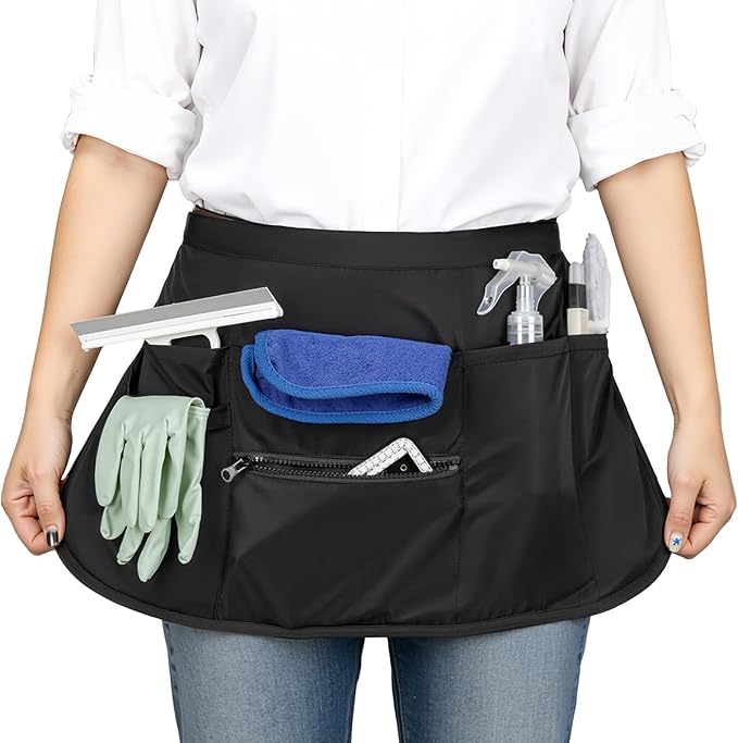 6-Pocket Cleaning Apron with Buckle, Splash-Proof Cleaning Caddy Apron, Adjustable Waist Belt with Zipper, Soft Heavy Sateen Housekeeper Aprons, Half Aprons for Housekeeping Work Supplies - Black