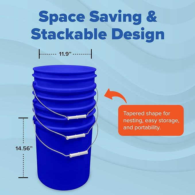 5 Gallon Bucket Only | Made in USA | Food Grade | Durable 90 Mil All Purpose Pail | BPA Free | Premium HPDE | Easy Stack and Store | Lids Not Included (Blue, 6)