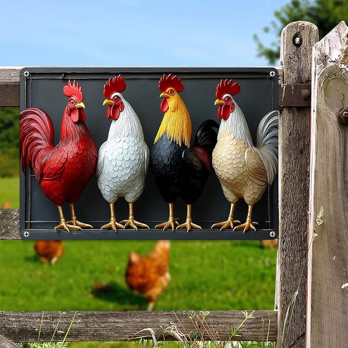 FunnySign Chicken Gifts Rooster Décor Four Rooster Not 3D Rustic Tin Sign for Home Farm Chicken Coop Decor 8x12 Inch (9704)