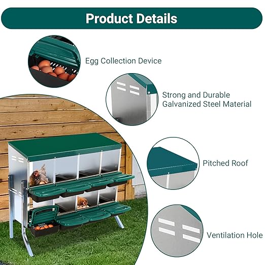 Garvee Chicken Nesting Boxes, 8 Hole Metal Chicken Laying Box with Removable Trays and Roll Out Egg Collection for Chicken Coop, with Metal Legs, Green