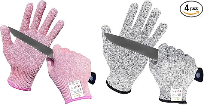 Evridwear Cutting Gloves Level 5 Cut Resistant, Food Safe Gloves with Non-Slip Grip for Kitchen, Meat Cutting & Mandoline Use, 2 Pairs (S, Pink+Gray)