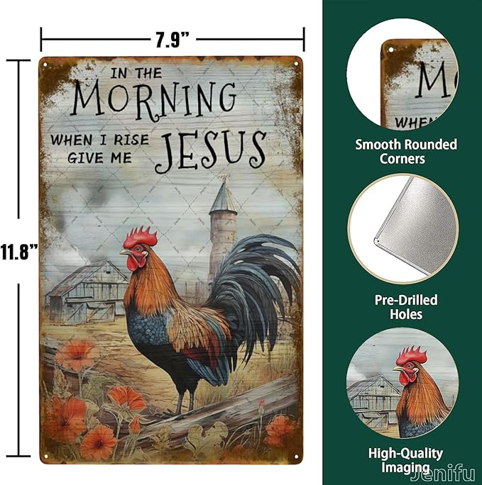 Rooster Decor Crowing Farm Fence Wall Plaque Jenifu In The Morning When I Rise Give Me Vintage Metal Tin Sign For Kitchen Home Garden Farmhouse Yard Farm Decorative Home Decor Signs Funny Wall Decor 8x12 Inch