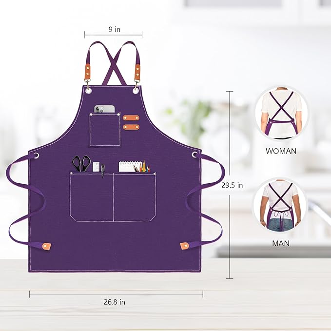Chef Apron for Men Women Canvas Aprons with 3 Pockets Cross Back Resistant Work Apron for Cooking