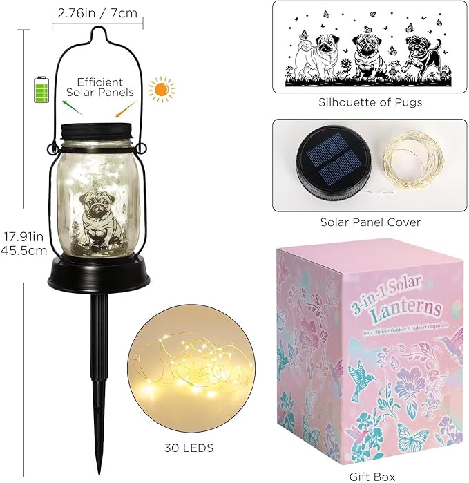 Pug Dog Gifts for Women/Men Pug Dog Solar Lanterns Mom Birthday Gift Pet Loss Lantern Pet Memorial Lights Solar Garden Decoration for Yard, Patio,Backyard,Porch Torches