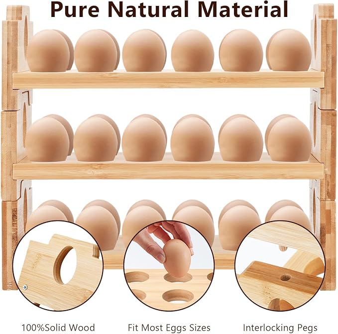 Space-Saving Bamboo Egg Rack - 3-Tier 12-Egg Capacity with Screwdriver, Stackable Countertop Organizer for Fresh Eggs