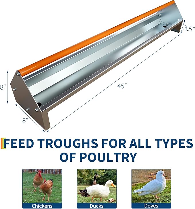 Chicken Feeding Trough 45 Inch, Heavy Duty Galvanized Steel Coop Feeder with Crossbar & Drainage Holes, Large Capacity Metal Poultry Trough Feeder for Ducks, Birds Orange