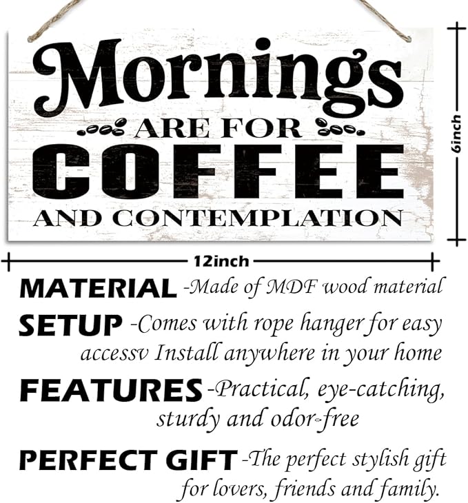 Coffee Bar Wooden Hanging Decor, Mornings are for Coffee and Contemplation Sign, Vintage Kitchen Decor, Rustic Farmhouse Cafe Decoration Accessories 12 x 6 Inches