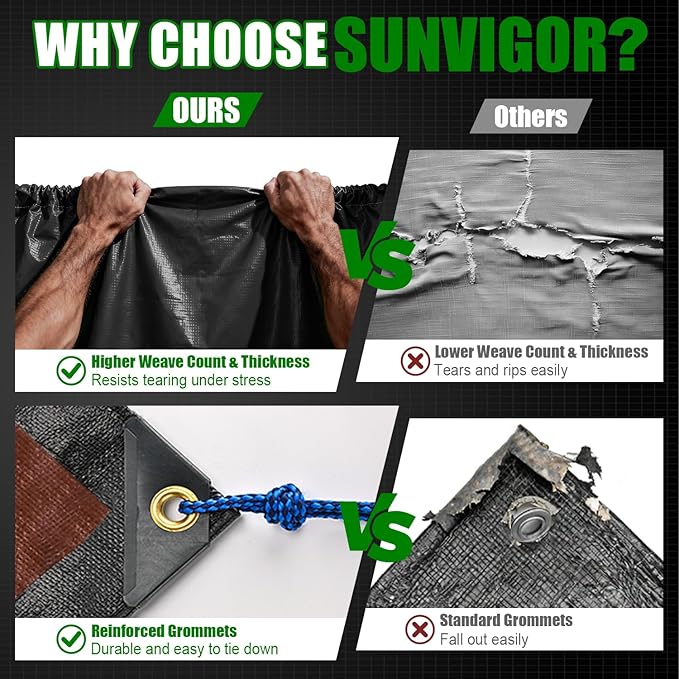 Sunvigor Tarp Waterproof 18x24Ft, Extra Thick 14 Mil Heavy Duty Tarp Cover, Tear & Fade Resistant, Outdoor Tarps with Brass Grommets and Reinforced Edges for Roof, Camping, Patio, Boat (Black/Brown)